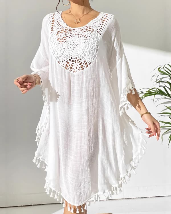 Crochet Yoke Kaftan Cover-Up with Tassel Trim